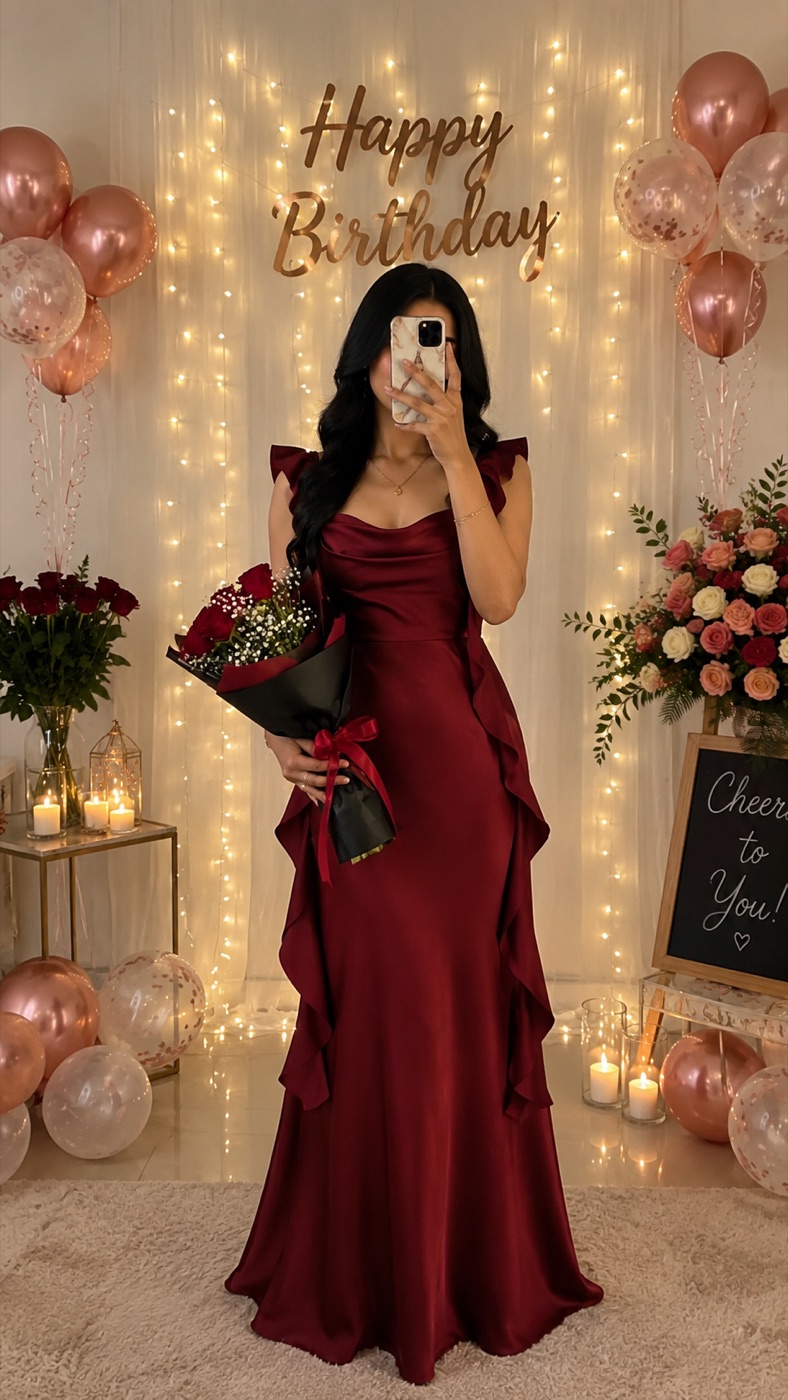 Cherry Red Cowl-Neck Ruffle Maxi Dress