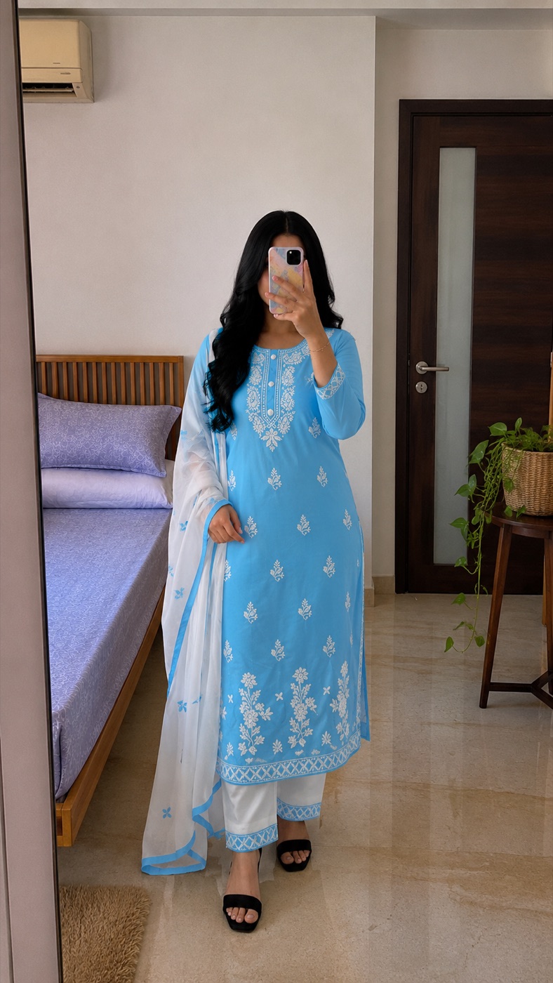 Embroidered Kurta Pant Dupatta Suit Set view 3