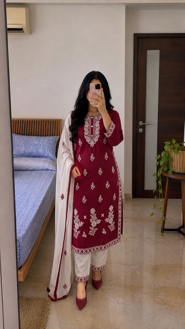 Embroidered Kurta Pant Dupatta Suit Set view 2