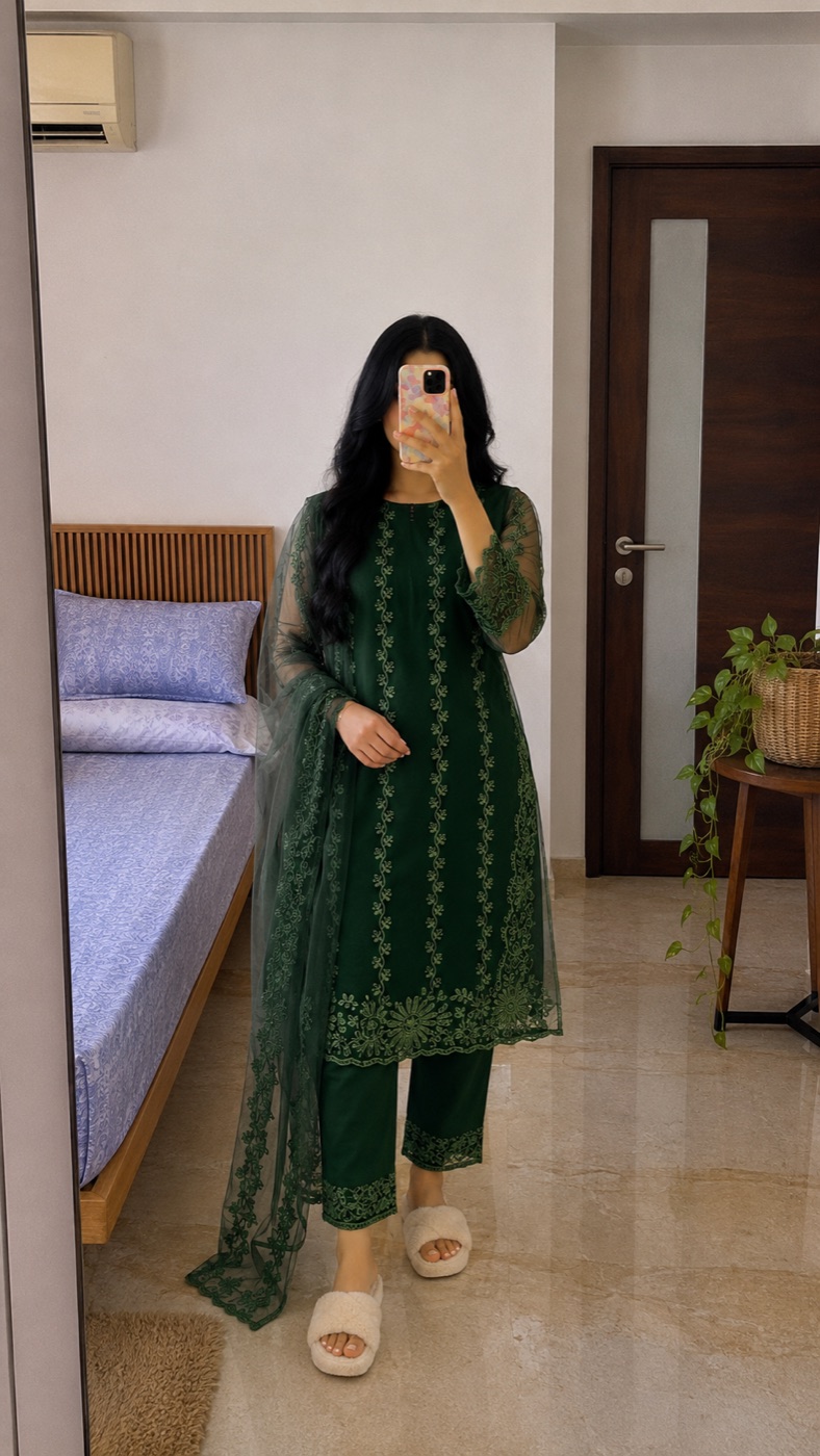 Green Net Embroidered Kurta Pant Dupatta Set