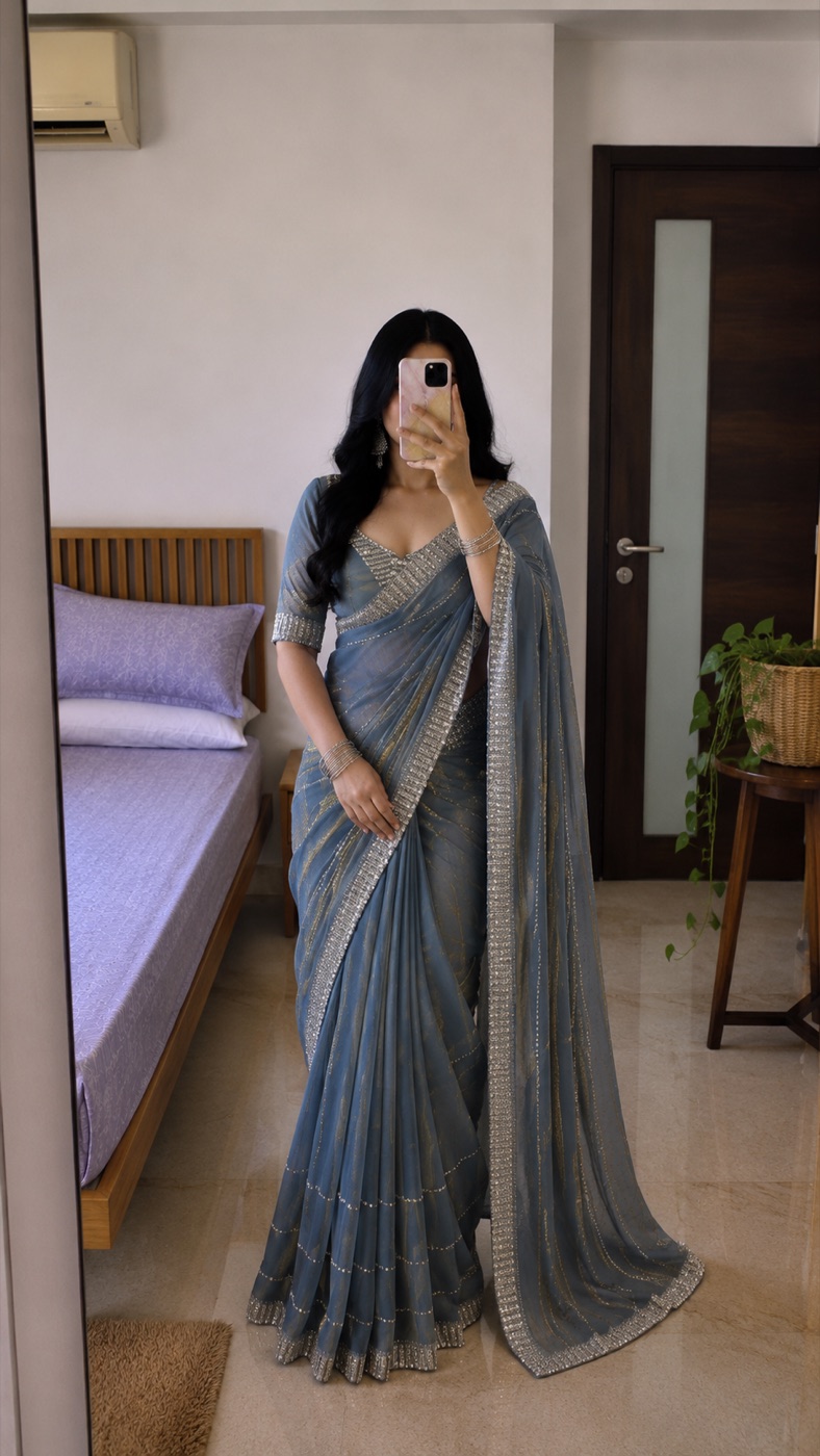 Grey Chiffon Embellished Party Saree