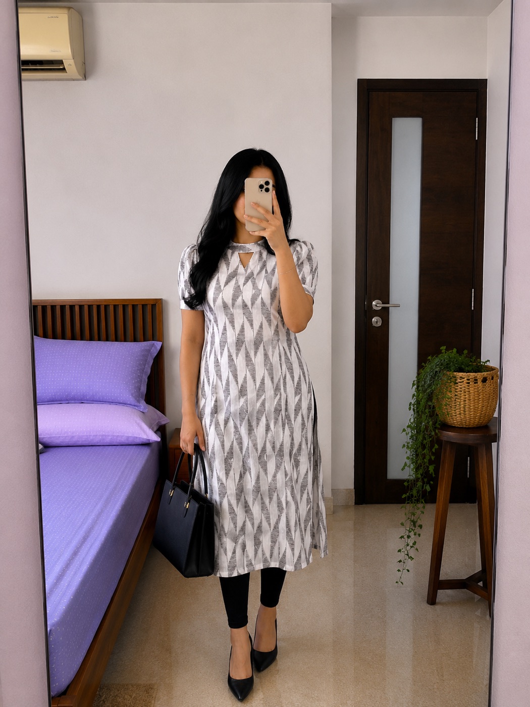 Grey Geometric Print Straight Office Kurti