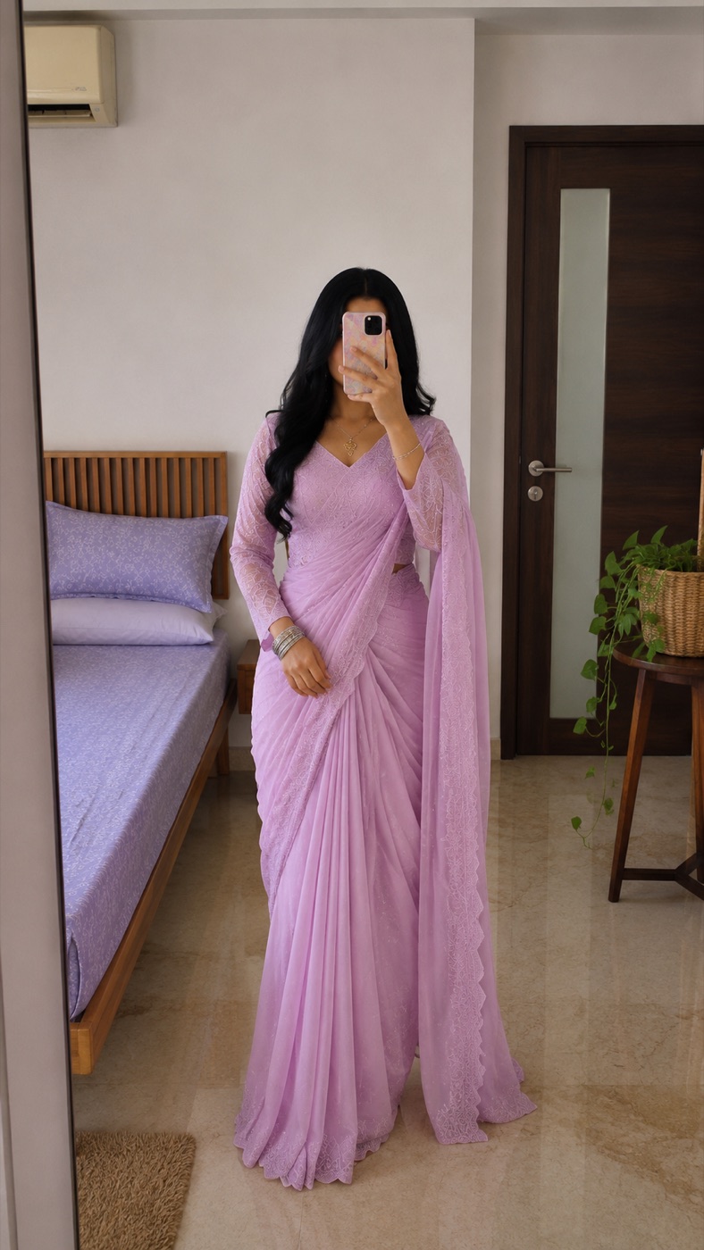 Lavender Georgette Saree with Belt & Designer Blouse
