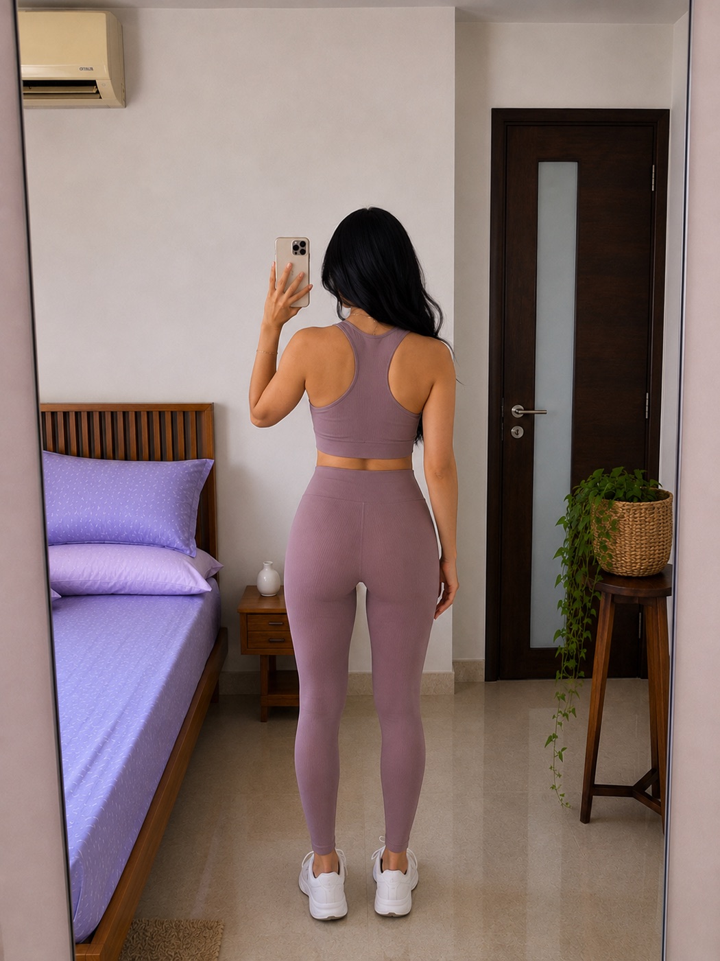 Mauve Ribbed Sports Bra & Legging Co-Ord Set view 2