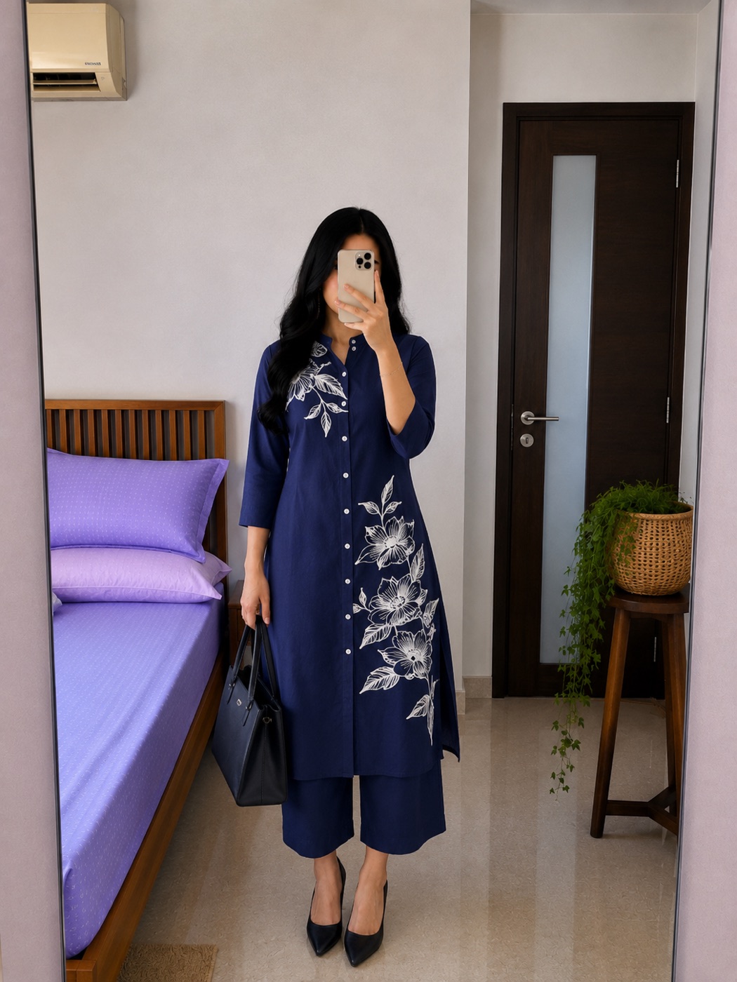 Navy Floral Rayon Kurta & Palazzo Co-Ord Set