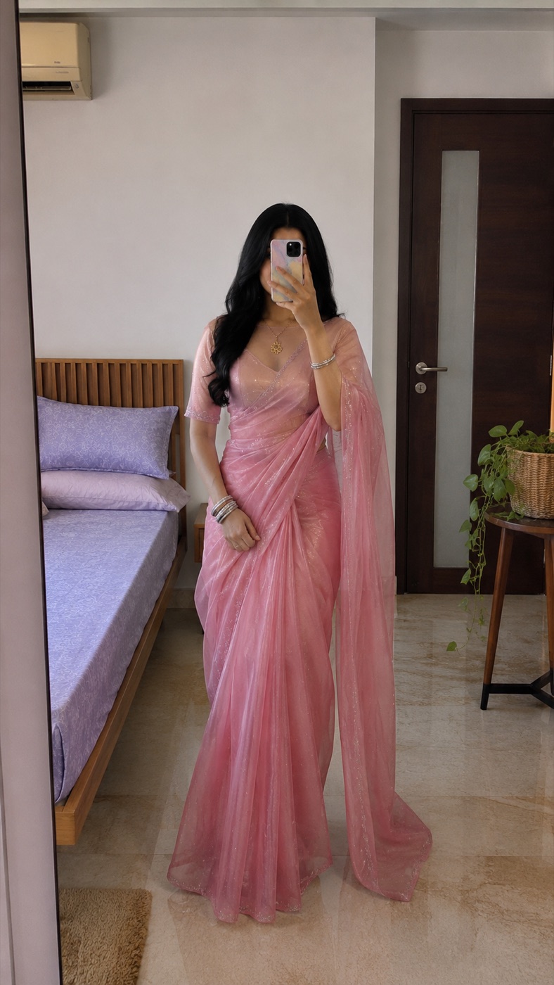Pink Shimmer Siroski Border Party Saree
