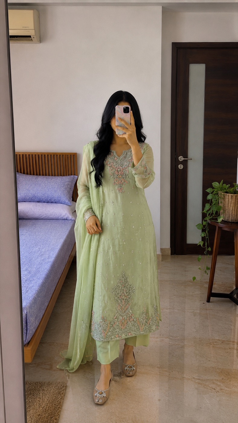 Pista Green Chikankari Georgette Kurta Pant Dupatta Set