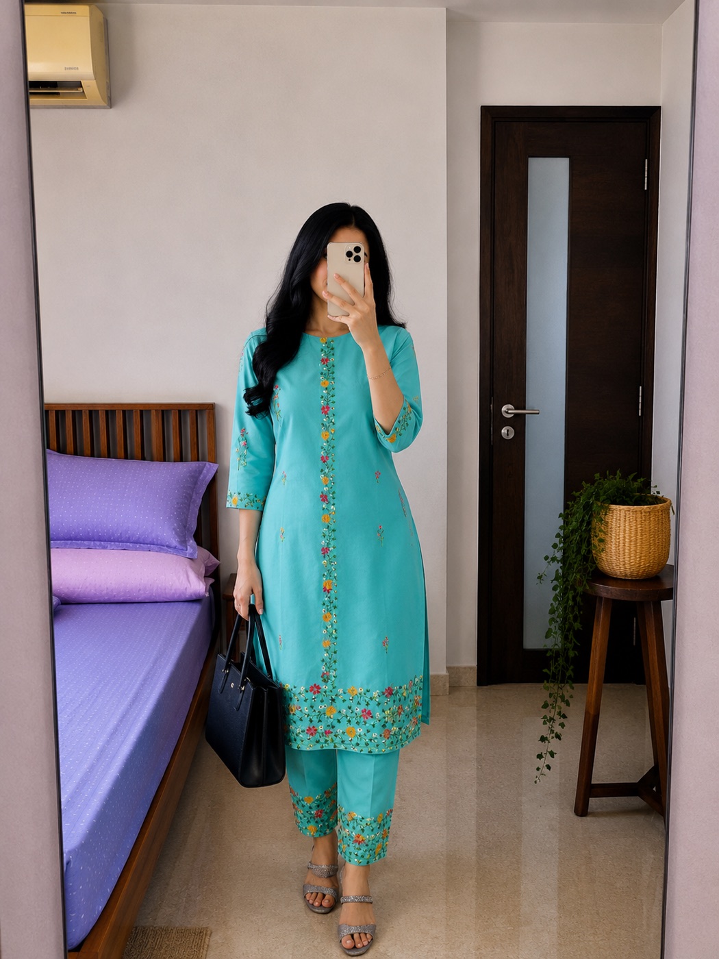 Rama Green Floral-Embroidered Rayon Kurta Pant Set
