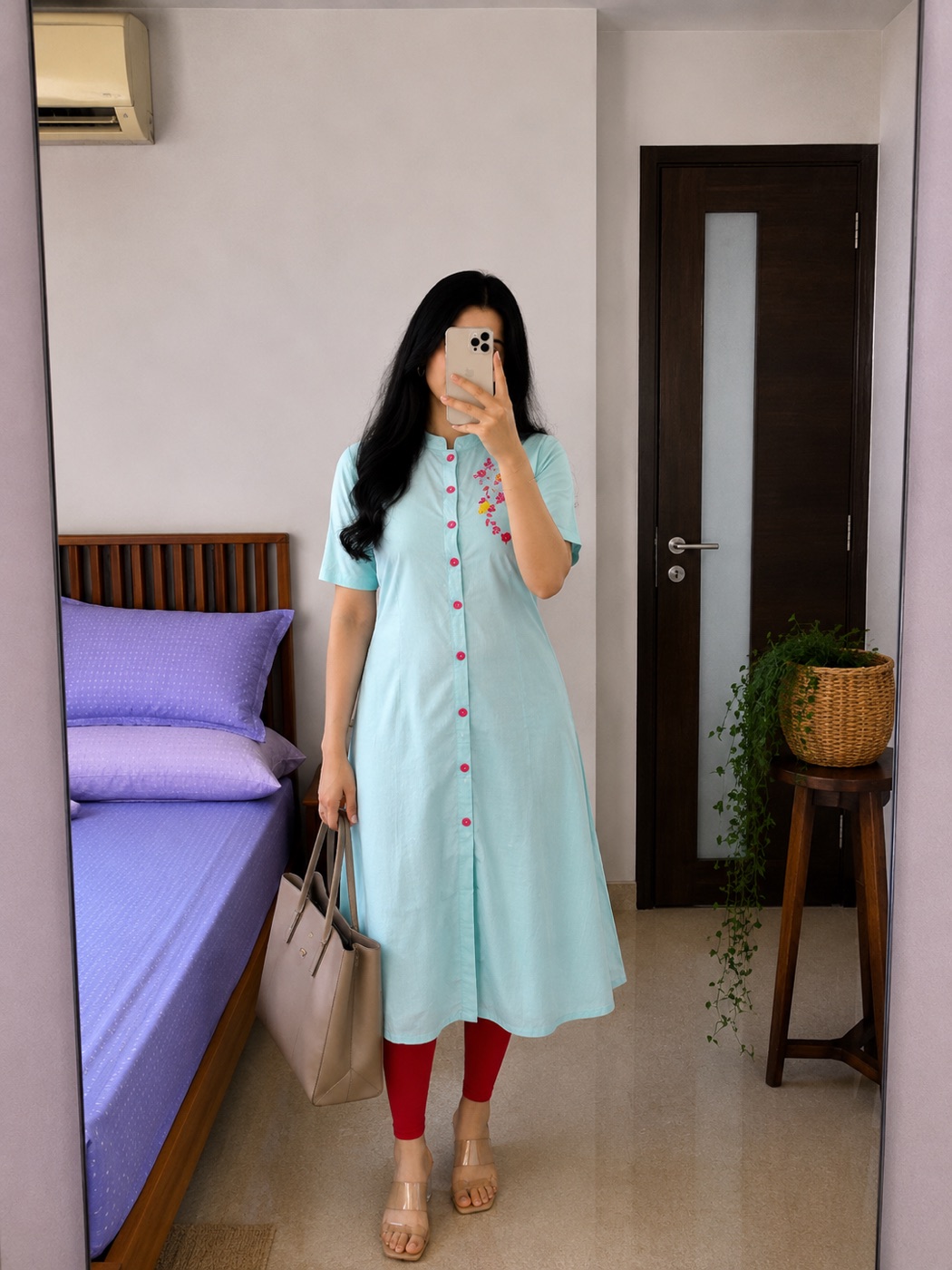 Sky Blue Embroidered A-Line Cotton Kurti