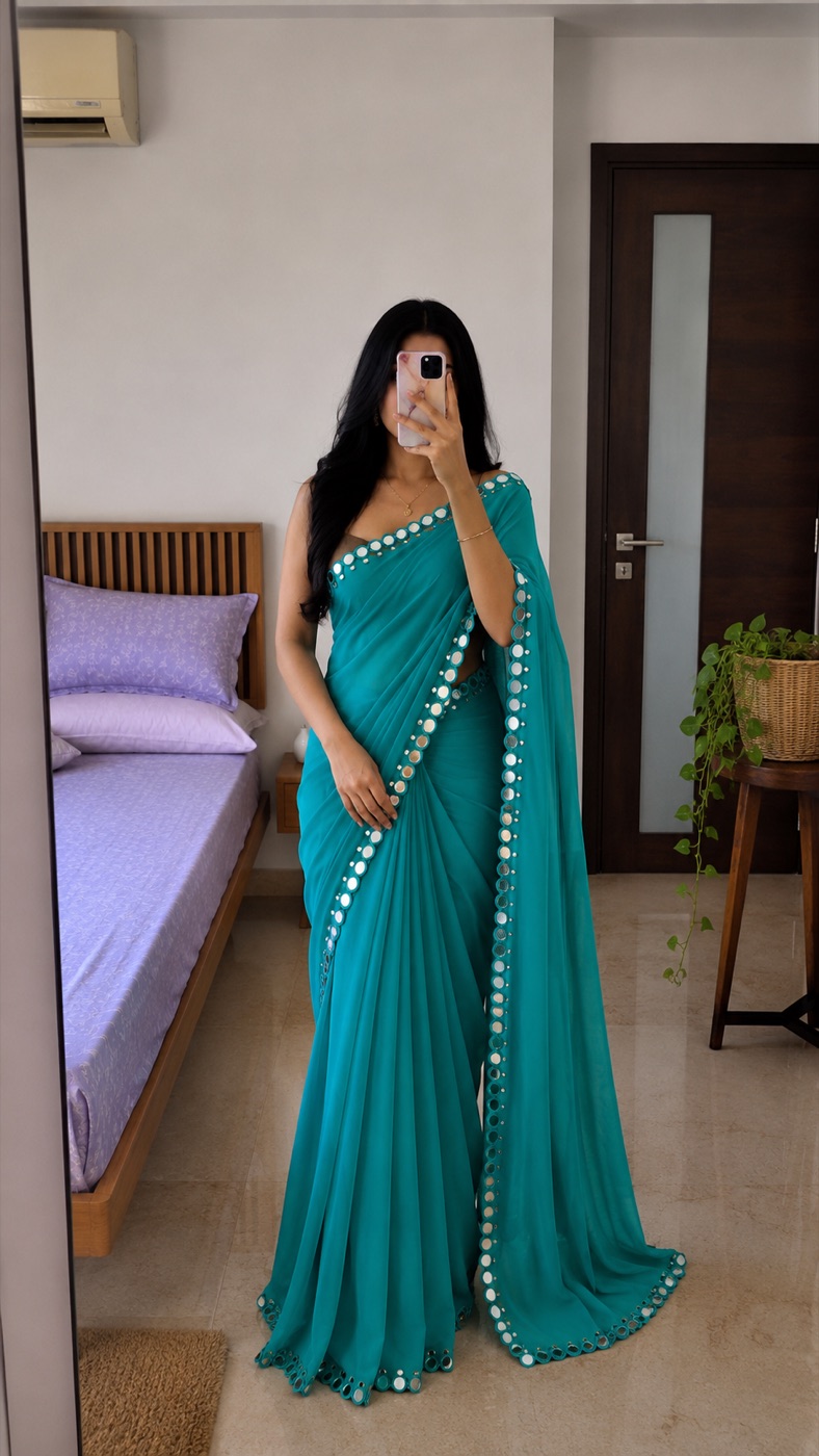 Teal Mirror-Work Georgette Saree