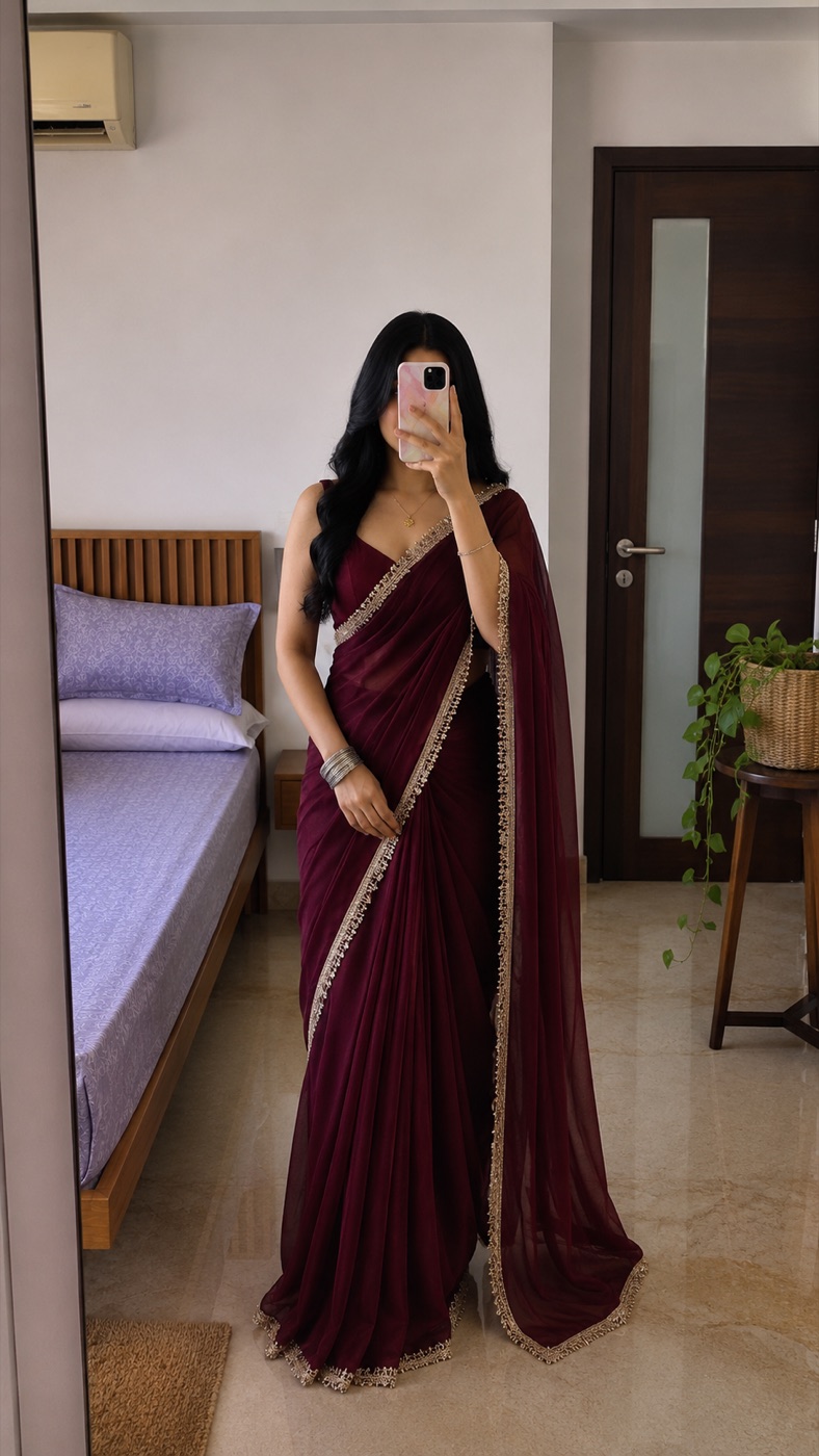 Wine Satin Saree with Golden Jhumka Lace Border